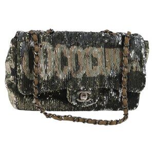 CHANEL 2017 Cruise Coco Cuba Chain Shoulder Bag Sequin Green CC Auth ar13715M